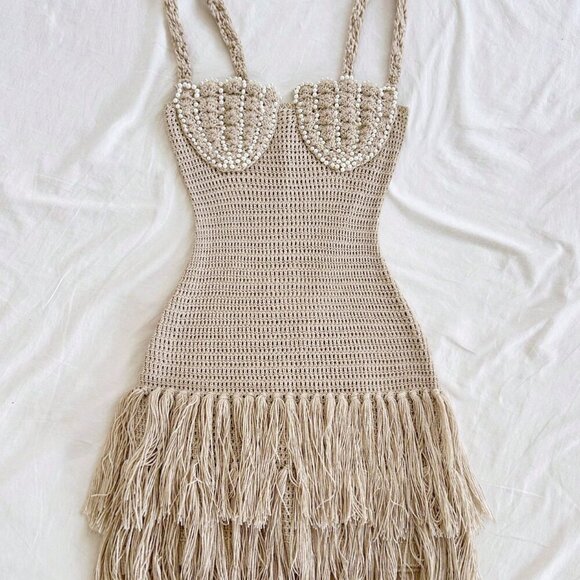 Khaki Boho Women's Sexy Shell Cup Mini Dress - Picture 6 of 8